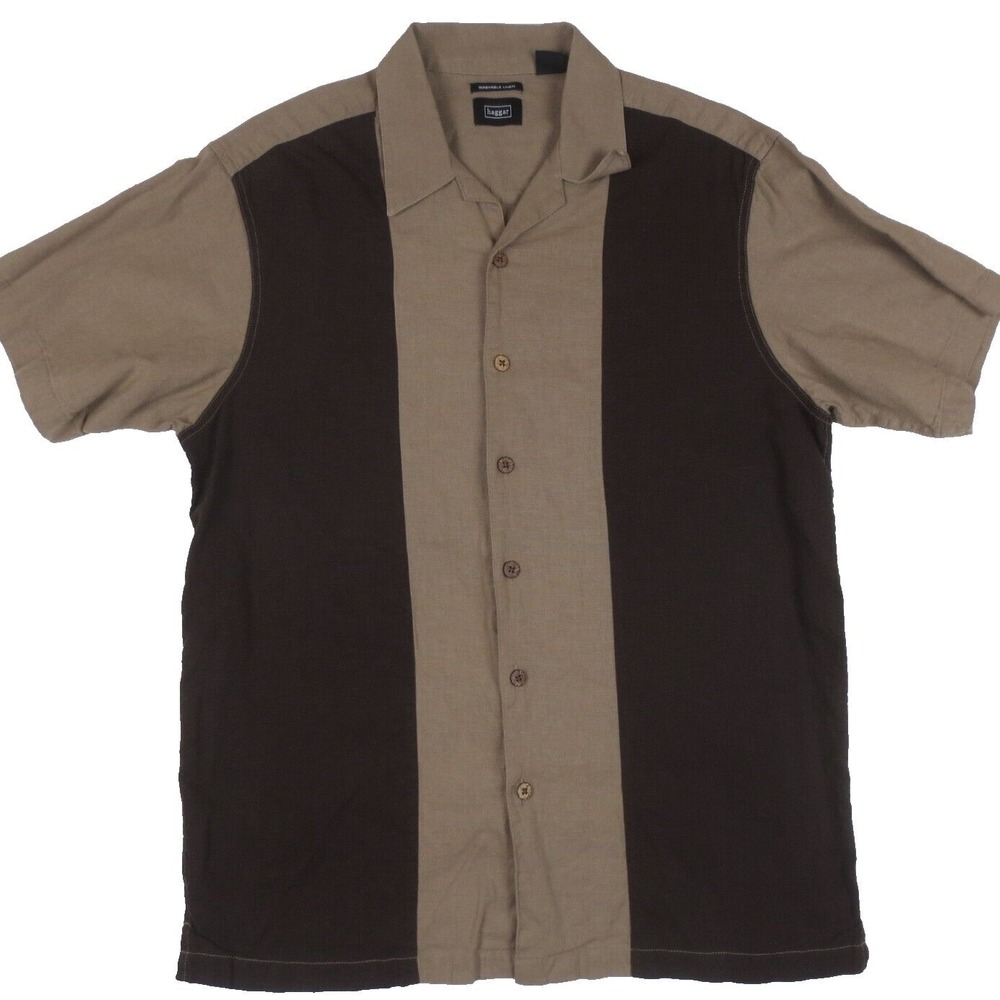 Haggar Shirt Mens L Brown Beige Short Sleeve Washable Linen Blend Button Up 90s